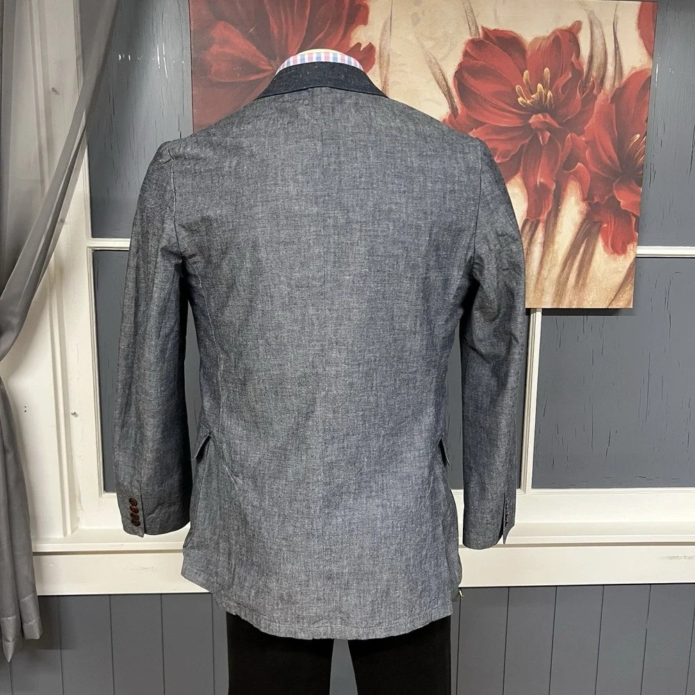 J. Crew Blazer Sport Coat Mens Sz Small (36-38R)‎ Cotton Grayish Navy Chambray